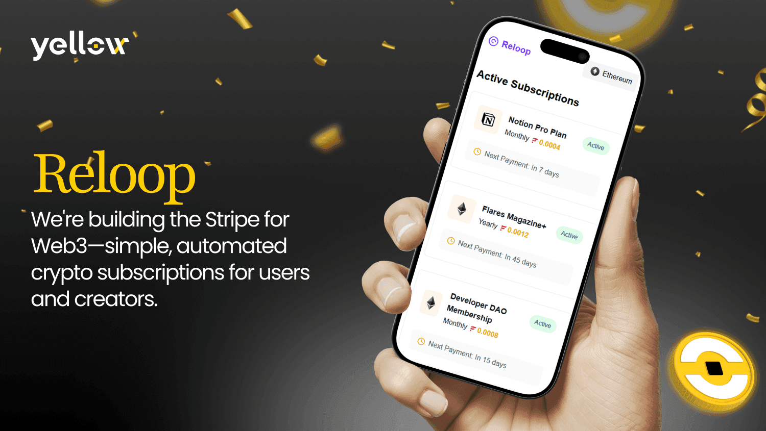 New Web3 Platform Reloop Launches Gasless Crypto Subscription Service Built With Yellow SDK